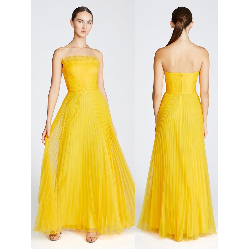 Theia Yellow Enver Pleated Organza Strapless Gown $845 - Size 4